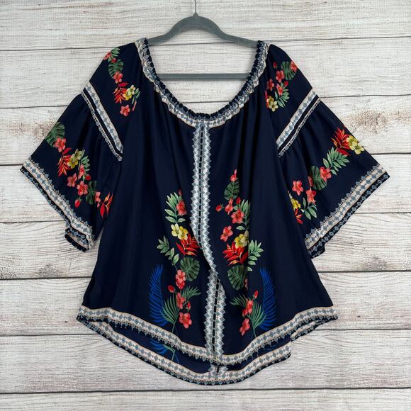 Flower & Feather Off Shoulder Floral Blouse Womens 2XL Navy Blue Semi Sheer - Picture 8 of 10